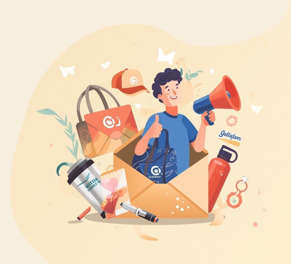 Illustration of a confident person emerging from an envelope holding a megaphone, surrounded by trending promotional products including a tote bag, cap, notebook, pen, and water bottle.