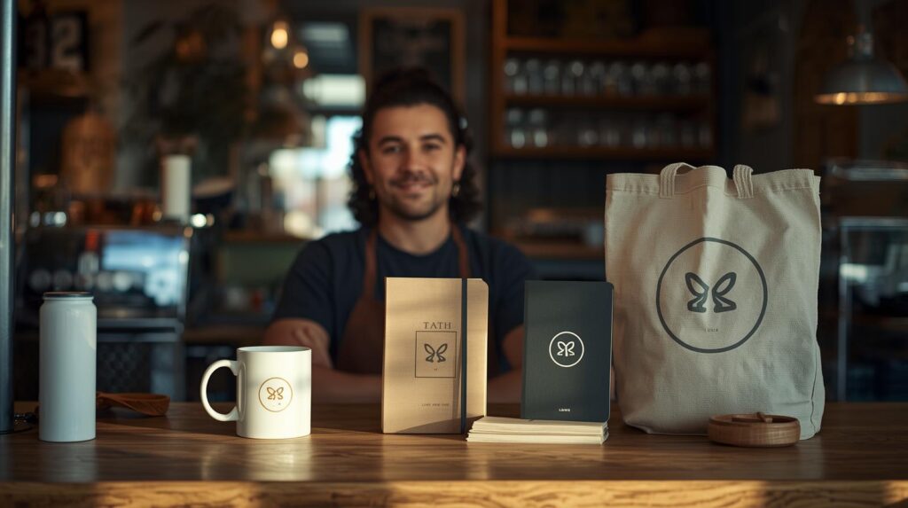 Small business owner using promotional products to connect with customers