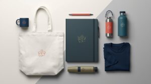 Colorful promotional products including mug, tote bag, notebook, pen, t-shirt, and water bottle arranged in a professional flat lay