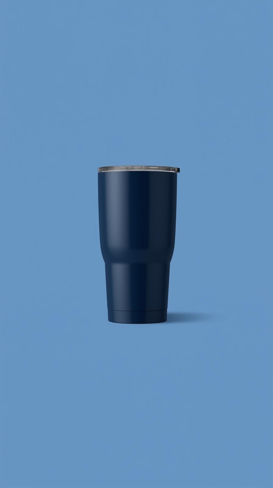 20 oz navy blue travel mug displayed centrally on a light navy blue plain background, showcasing modern drinkware for promotional product and business branding inspiration.