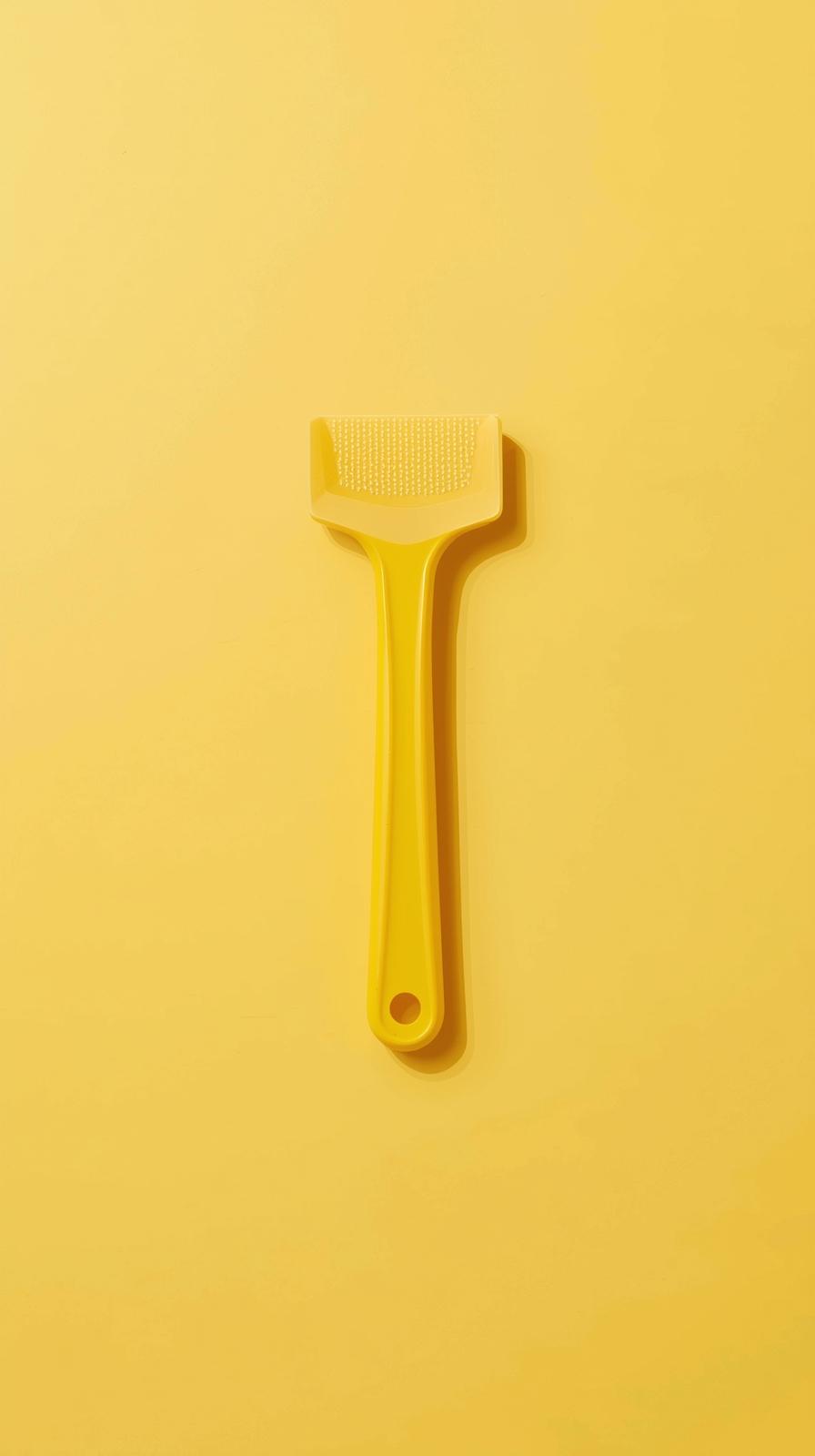 Yellow ice scraper and snow brush tool positioned centrally on a soft light-yellow background, representing practical winter promotional merchandise for branding ideas.
