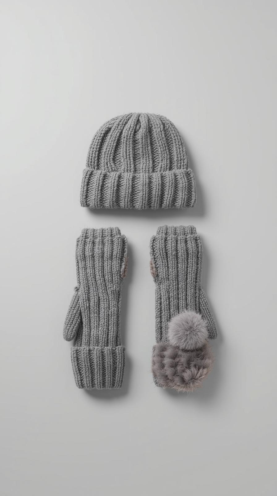 Three-piece rib knit winter set in grey (beanie, gloves, and fur pom-pom accessory) placed in the center on a clean light-grey background, ideal for seasonal promotional product inspiration.