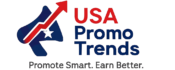 USA Promo Trends logo featuring a megaphone, star, and upward growth arrow design, representing smart promotional marketing and business growth.