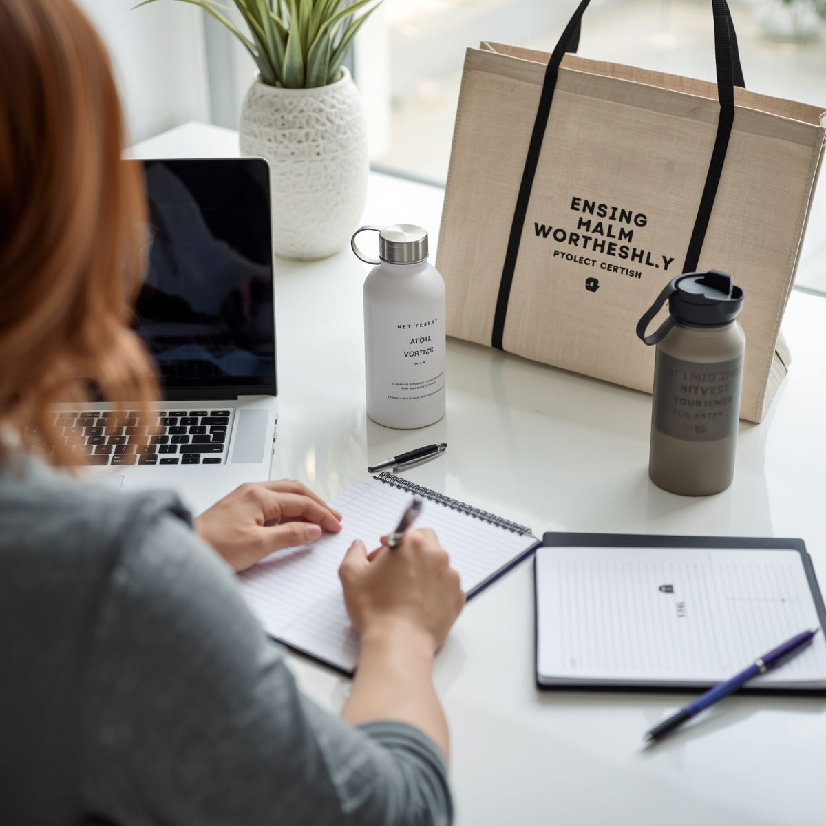 Workspace with laptop and promotional products like water bottle, tote bag, notebook and pen on desk, person researching or writing blog content, clean minimal environment, soft natural lighting, high resolution