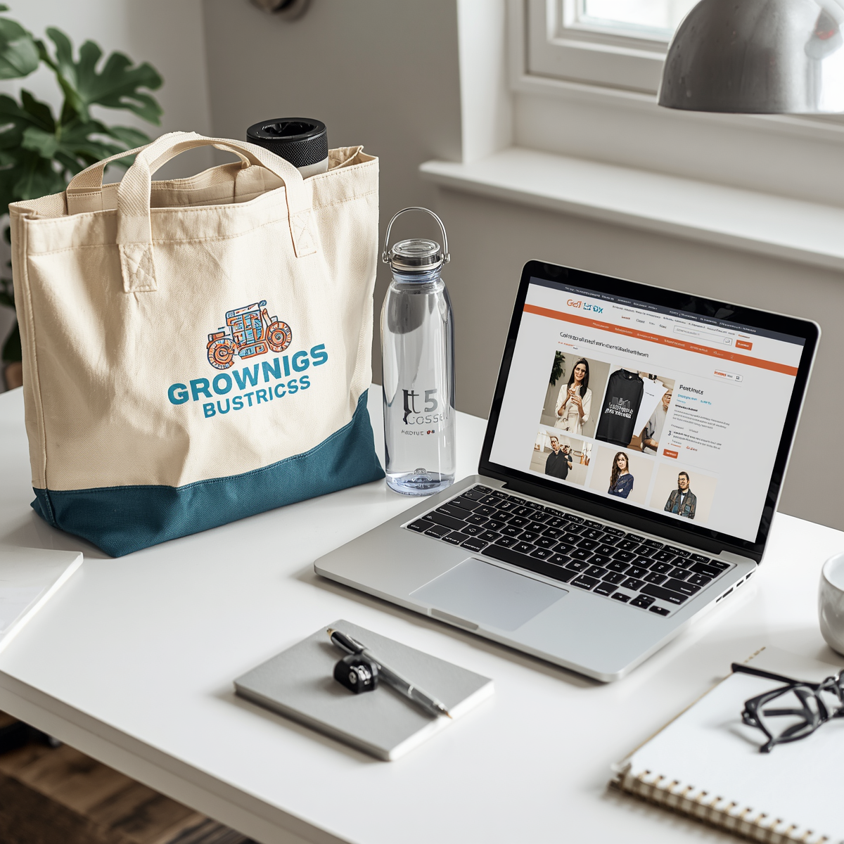 Small business workspace showing promotional products like branded tote bag, water bottle, notebook and pen on desk, laptop open with marketing plan or online store, clean setup, soft natural lighting, representing