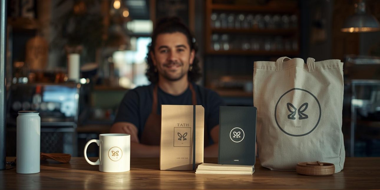 Small business owner using promotional products to connect with customers