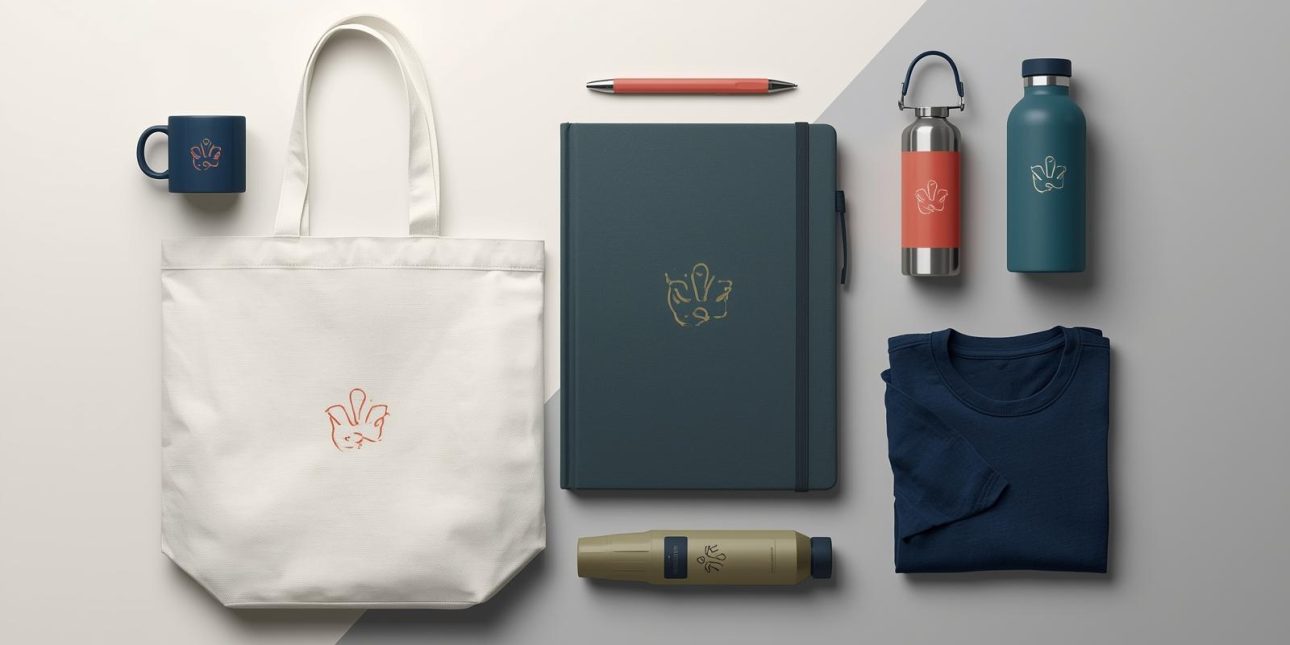 Colorful promotional products including mug, tote bag, notebook, pen, t-shirt, and water bottle arranged in a professional flat lay
